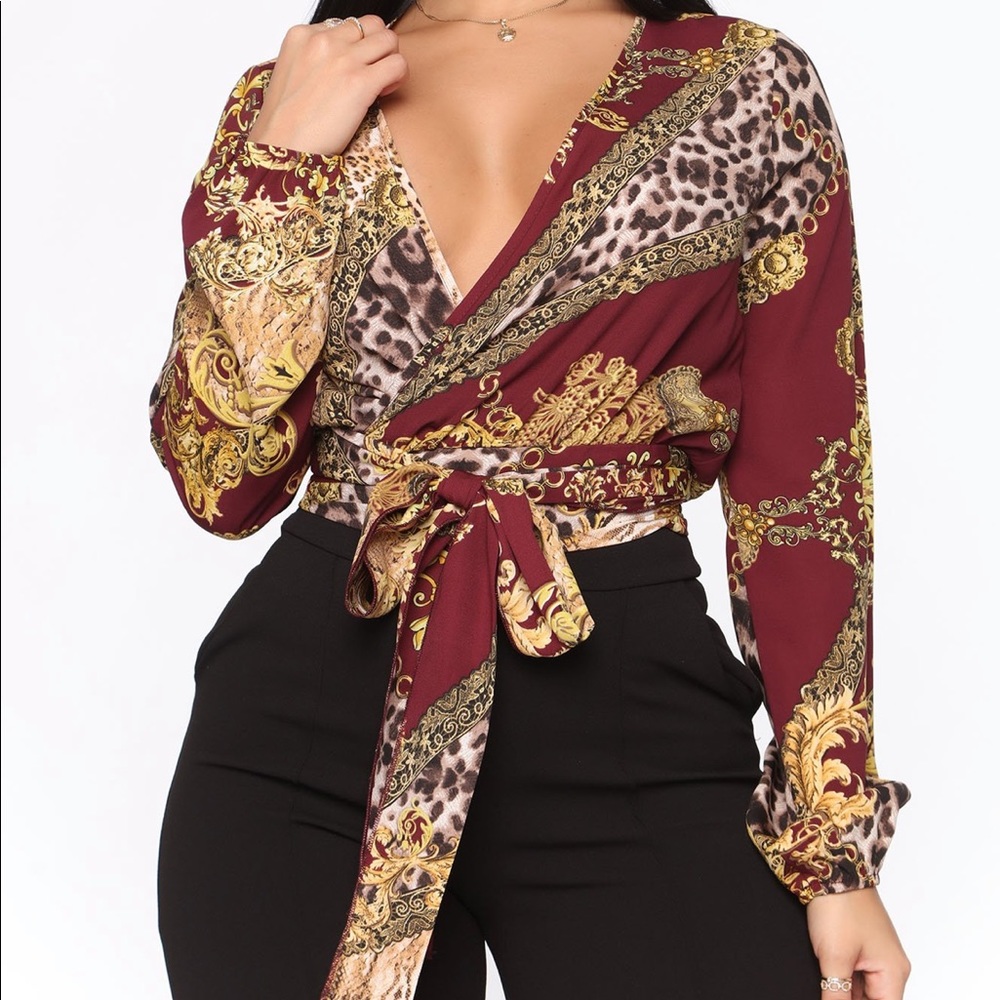 Printed wrap shirt - burgundy and gold